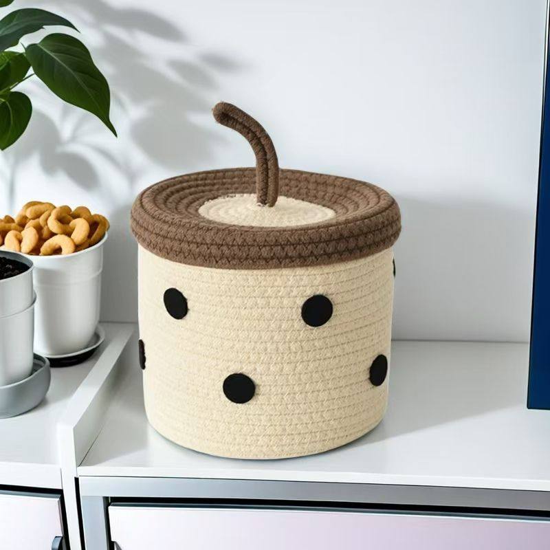 新款奶茶杯编织收纳筐房间收纳盒可爱带盖收纳筐杂物家用厨房鸡蛋,收纳整理,收纳筐,淘宝优惠券,粉丝福利购,淘宝优惠卷