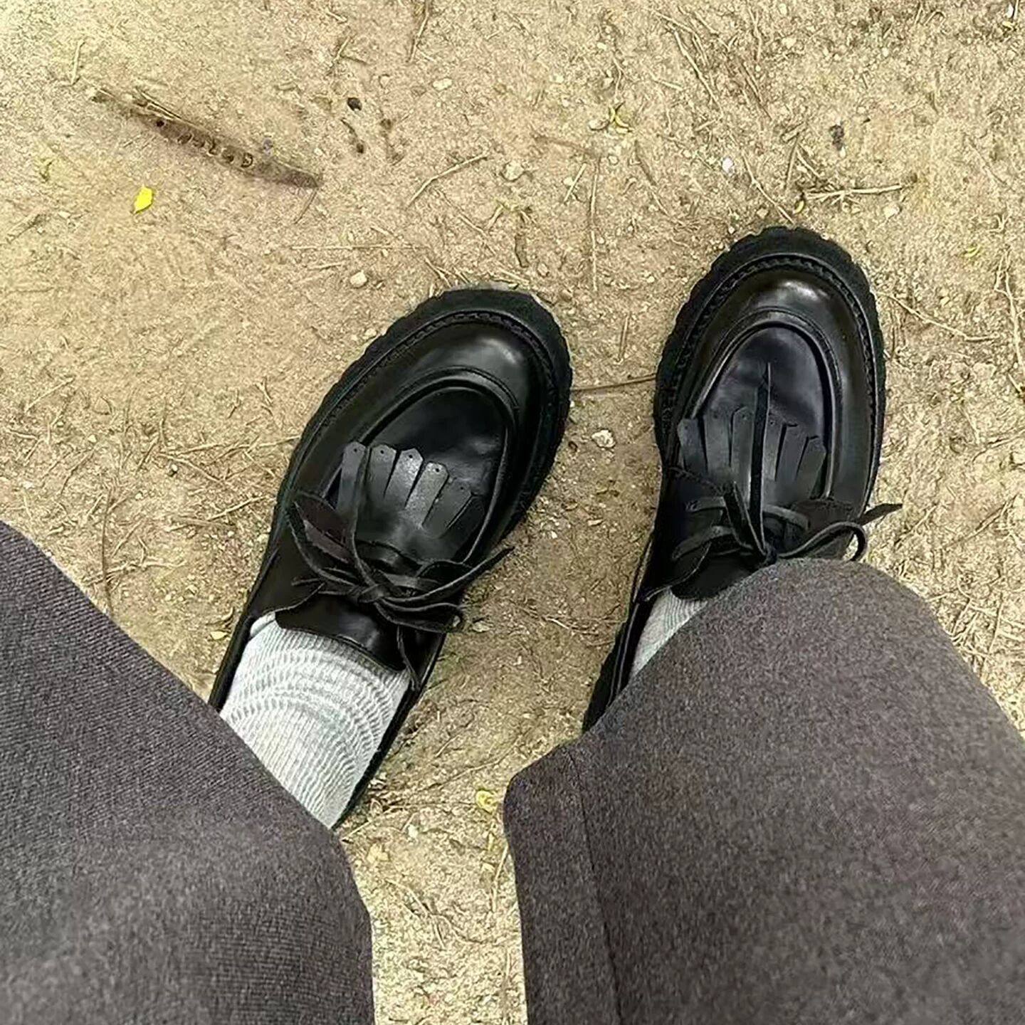 松糕厚底小皮鞋女款黑色通勤一脚蹬乐福鞋流苏交叉绑带小个子单鞋,女鞋,浅口单鞋,淘宝优惠券,粉丝福利购,淘宝优惠卷