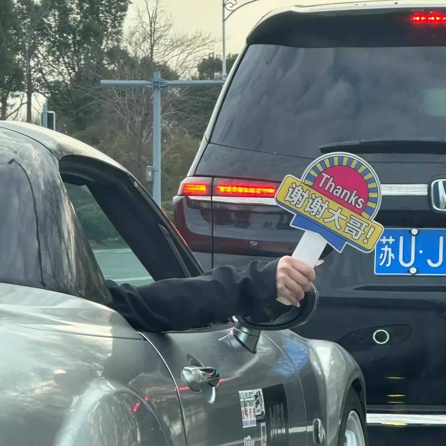 大哥让让我加塞感谢牌谢谢大哥手举牌开车插队变借道礼貌手持牌子