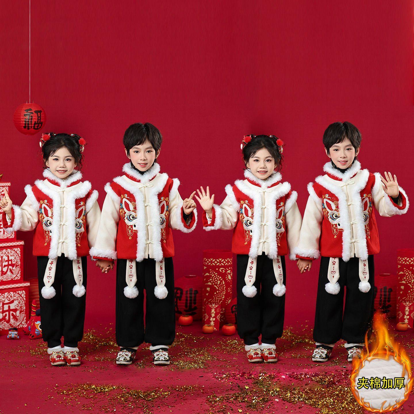 儿童拜年服套装男女童唐装喜庆中国风刺绣元旦表演抓周服加绒加厚