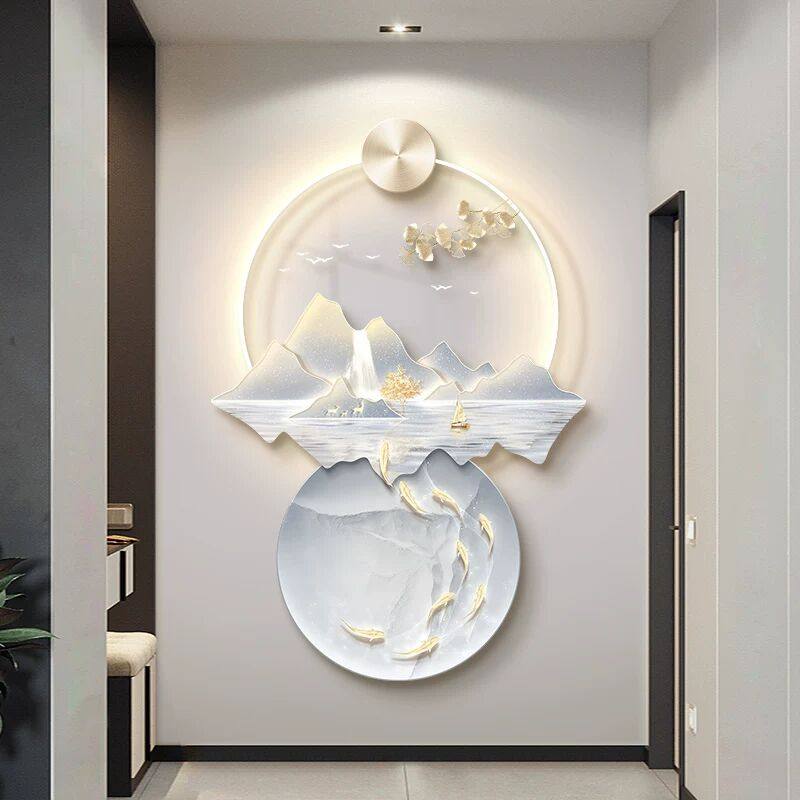 现代轻奢玄关装饰画山水画九鱼图入户正对门挂画走廊过道壁画带灯,家居饰品,现代装饰画,淘宝优惠券,粉丝福利购,淘宝优惠卷
