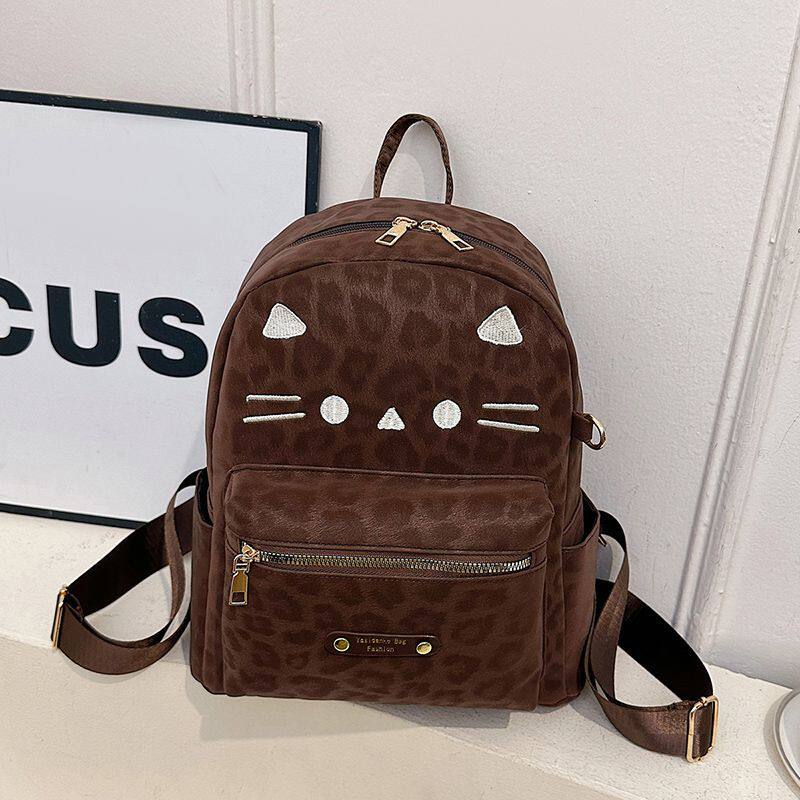 韩系复古可爱豹纹双肩包女秋冬新款通勤背包百搭美拉德大容量书包