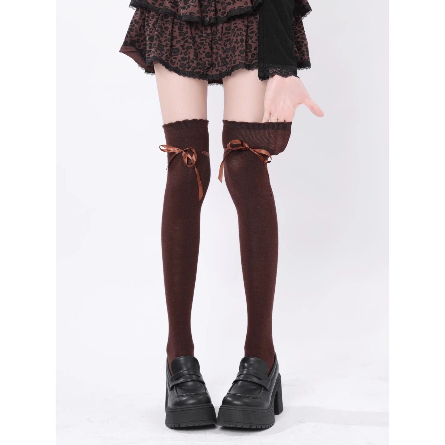 少女过膝丝袜日系jk学院风咖色复古百搭长筒袜花边绑带蝴蝶结洛丽
