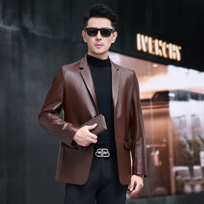 秋冬新款海宁真皮皮衣男士头层小牛皮西装领夹克休闲西服修身外套
