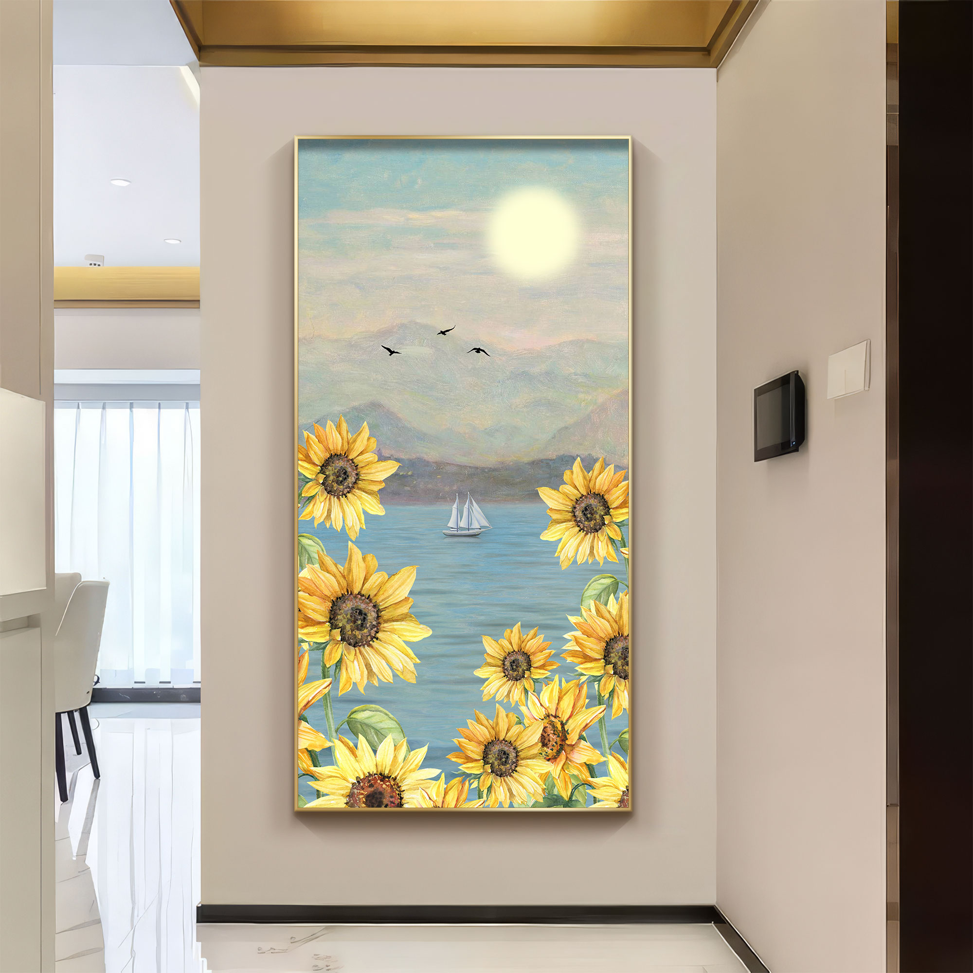 入户玄关太阳花挂画北欧风走廊过道墙面壁画客厅向日葵花卉