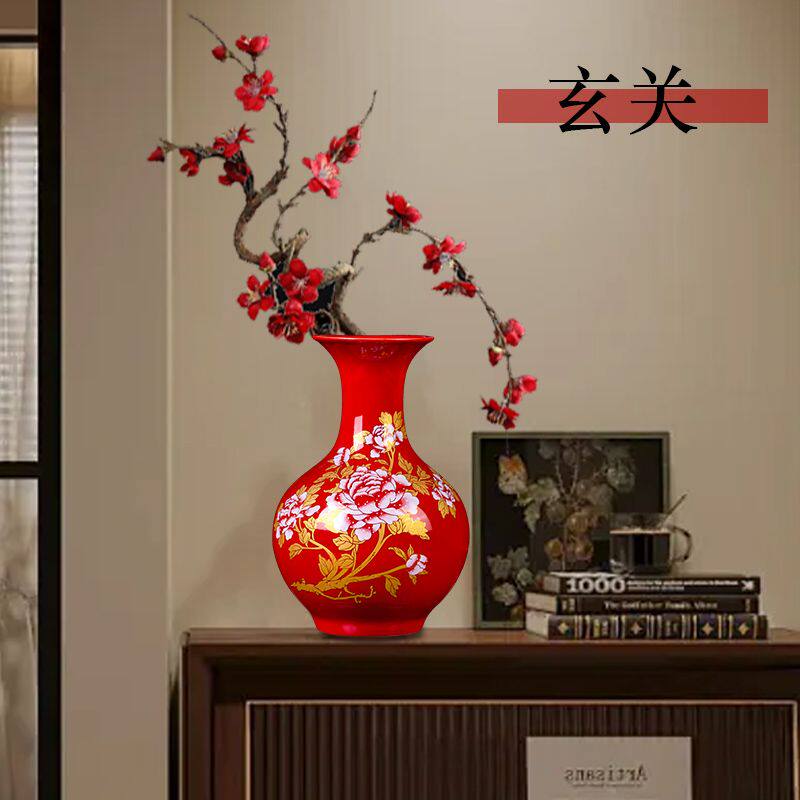 景德镇中国红陶瓷花瓶插花家居玄关客厅酒柜仿古中式摆件结婚装饰