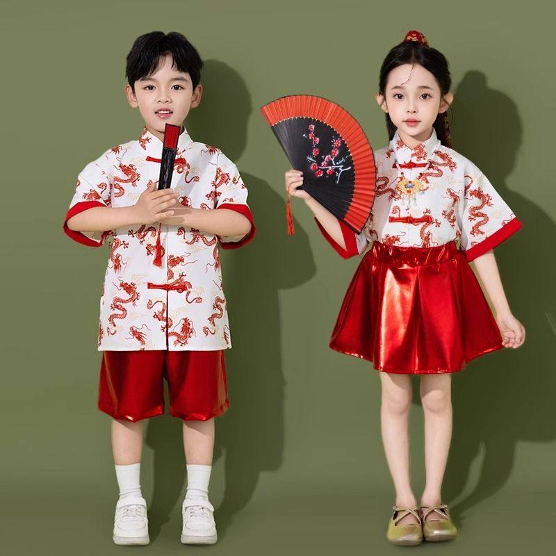 中式儿童秋季运动会啦啦队舞蹈演出服男女童汉服套装红色喜庆国潮