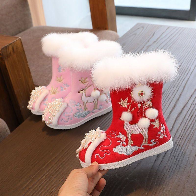 冬季加厚女童绣花鞋配拜年服加绒中国红色儿童汉服鞋宝宝保暖棉鞋,童鞋/婴儿鞋/亲子鞋,儿童汉服鞋,淘宝优惠券,粉丝福利购,淘宝优惠卷