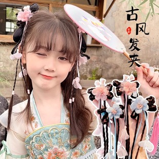 古风假发辫子发饰小女孩可爱花朵发卡儿童汉服头饰中国风女童发夹