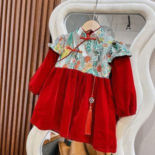 女童中式红色丝绒连衣裙2023冬装新款加绒加厚旗袍拜年服女宝唐装