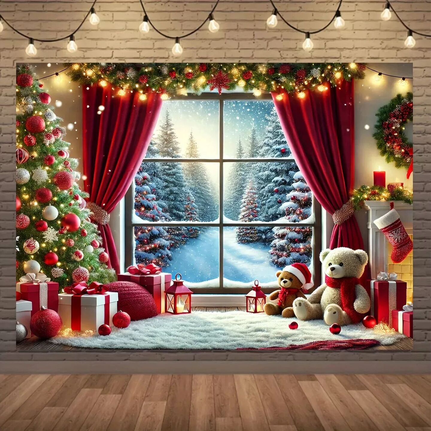 A 2D flat Christmas photography background showcases a vivid