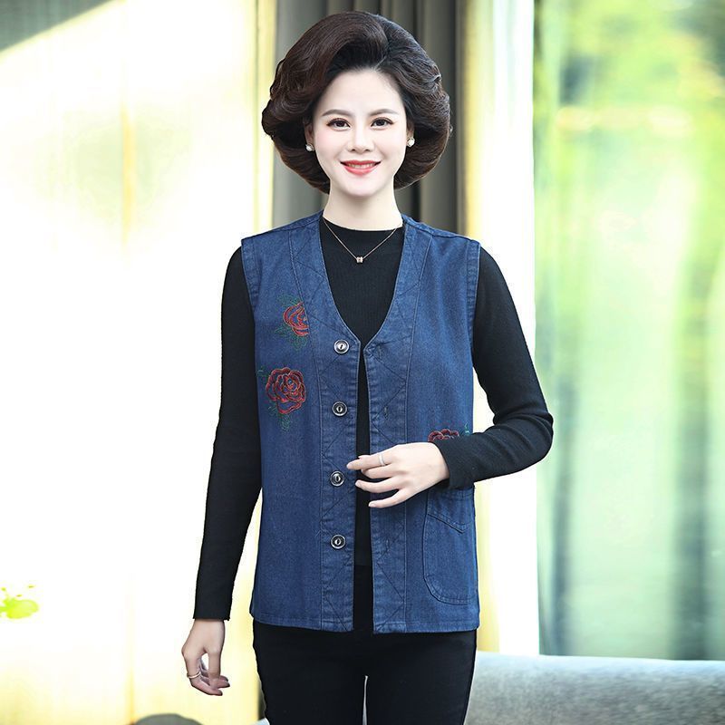 妈妈牛仔马甲女春秋外套中老年加肥大码坎肩无袖宽松薄款棉质马夹
