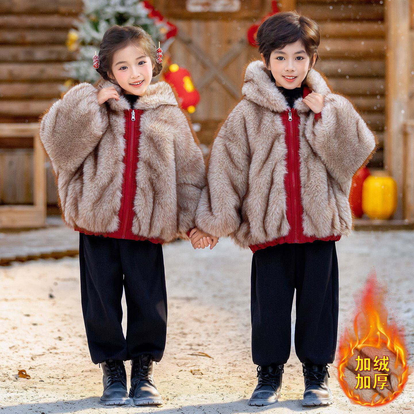 儿童冬季新中式唐装外套男童加绒加厚棉衣女童过年喜庆红色拜年服