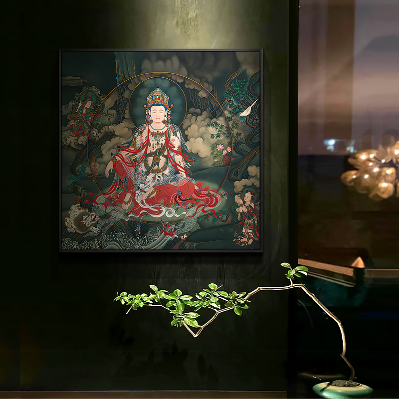 新中式玄关水月观音装饰画办公室背景墙唐卡佛像挂画茶室禅意壁画