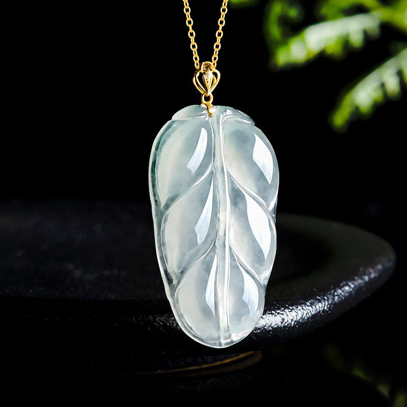 天然缅甸A货翡翠树叶吊坠叶子18K金扣镶冰种玉石挂件花件女款玉坠
