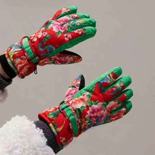 东北大花加厚棉手套户外滑雪手套女款冬季骑行御寒保暖加绒防寒