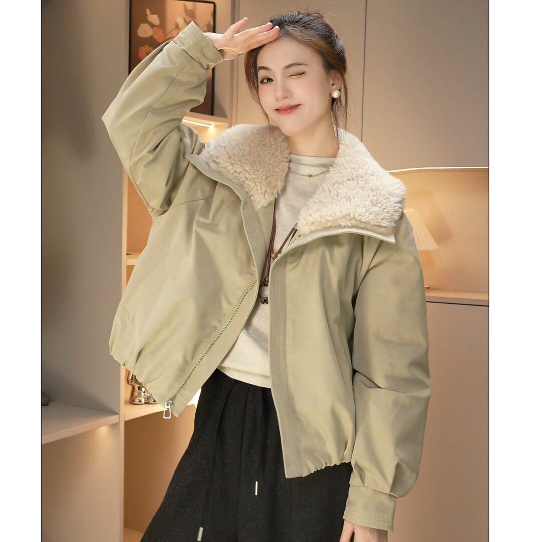 （全身加绒）欧货仿羊羔毛翻领短款加绒加厚派克服外套女2025冬棉
