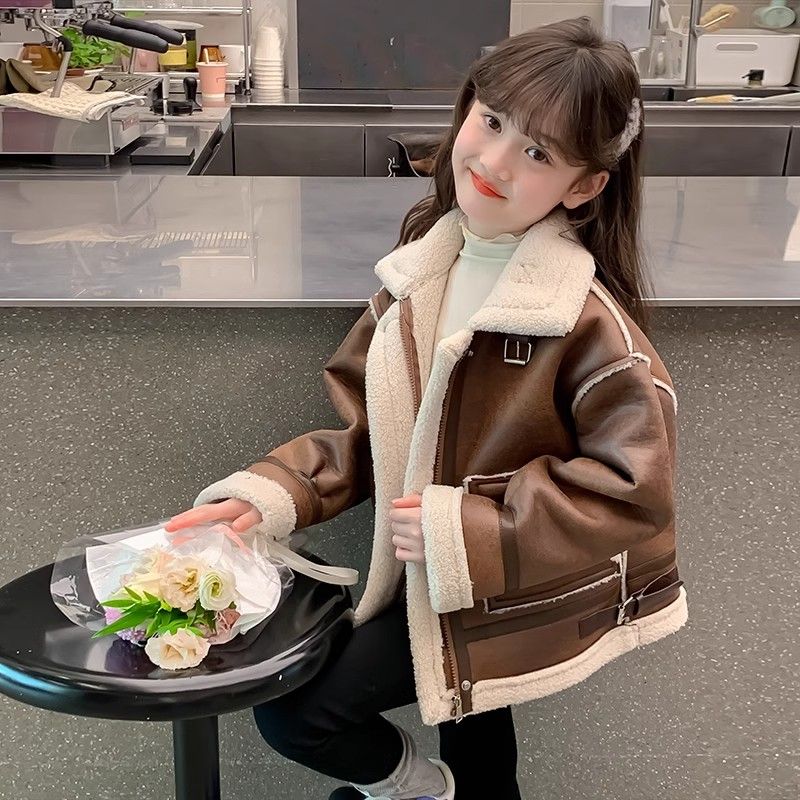 女童加绒皮衣外套2025新款洋气秋冬装女孩大童加厚儿童装冬季上衣