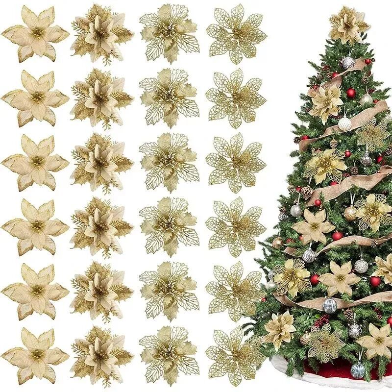 8/16Pcs Christmas Decoration Glitter Artifical Flowers Chris