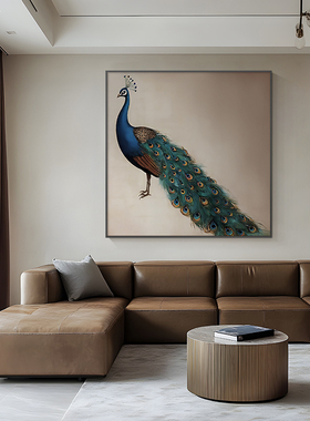 轻奢绿色孔雀客厅正方形装饰画法式复古茶室书房挂画餐厅玄关壁画