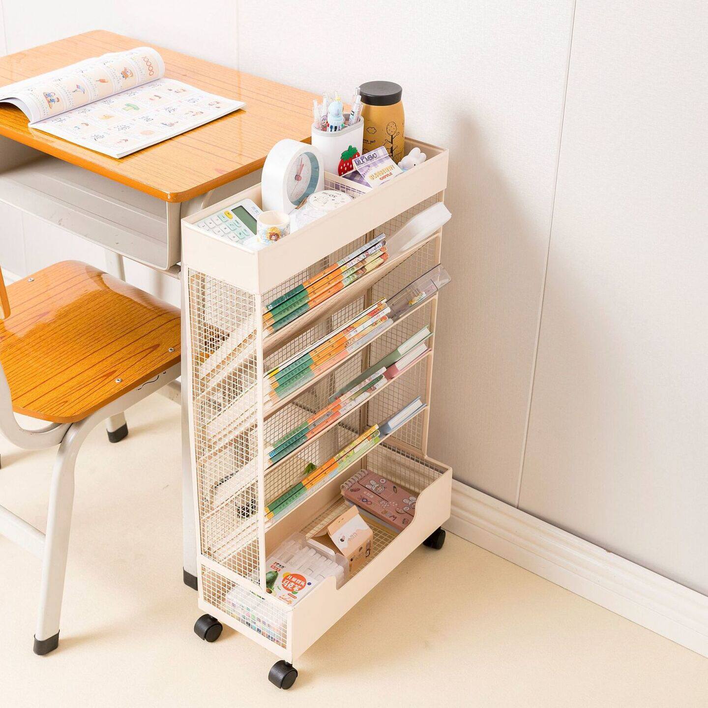 铁艺桌边书架学生教室用放书架多层儿童可移动书桌边落地置物架