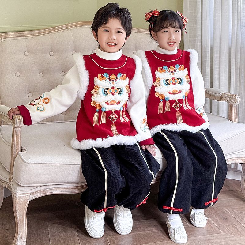 儿童拜年服冬季加厚套装刺绣唐装新款汉服国潮过年衣服宝宝新年装