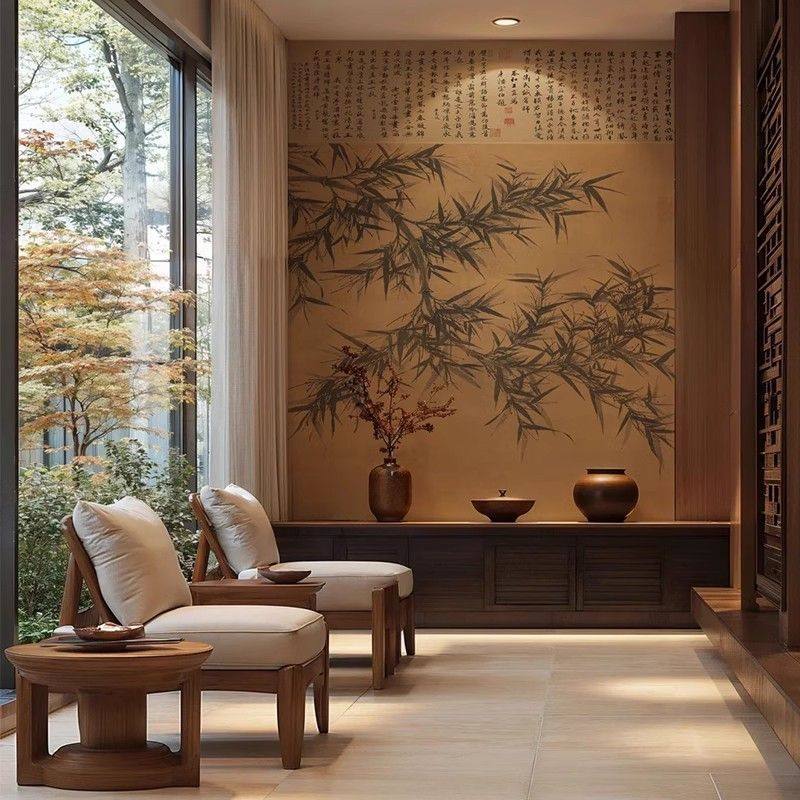 中式淡雅水墨竹子墙纸宋代美学中国古风色调墙纸复古茶室饭店墙布,全屋定制,定制背景墙,淘宝优惠券,粉丝福利购,淘宝优惠卷