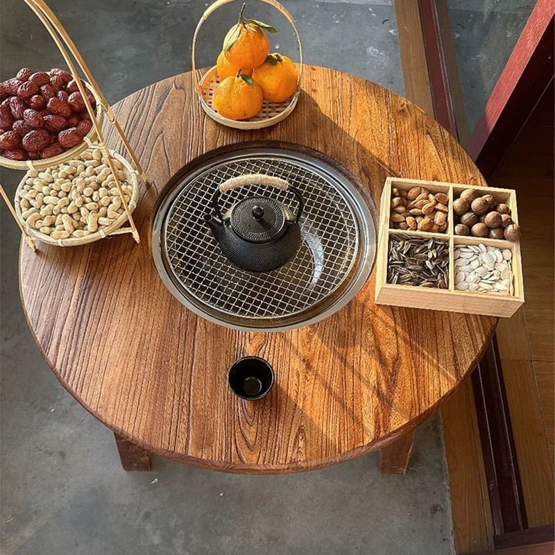 老榆木高档围炉煮茶冰茶全套桌子阳台庭院圆形实木茶桌烧烤火锅桌