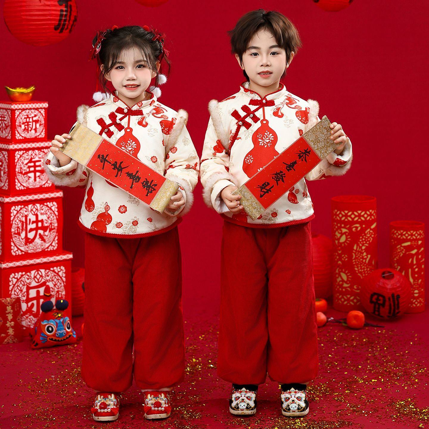 元旦男童拜年服唐装儿童周岁礼服冬季女童过年喜庆衣服中国风刺绣