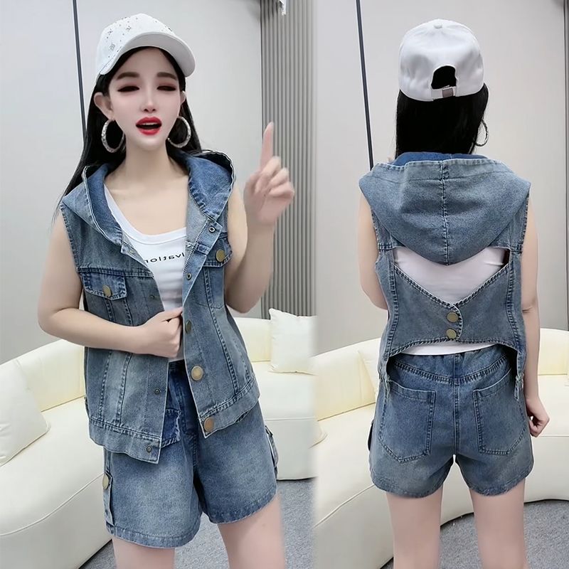 欧货牛仔马甲2025短裤套装女夏季新款洋气时尚遮肚宽松大码两件套