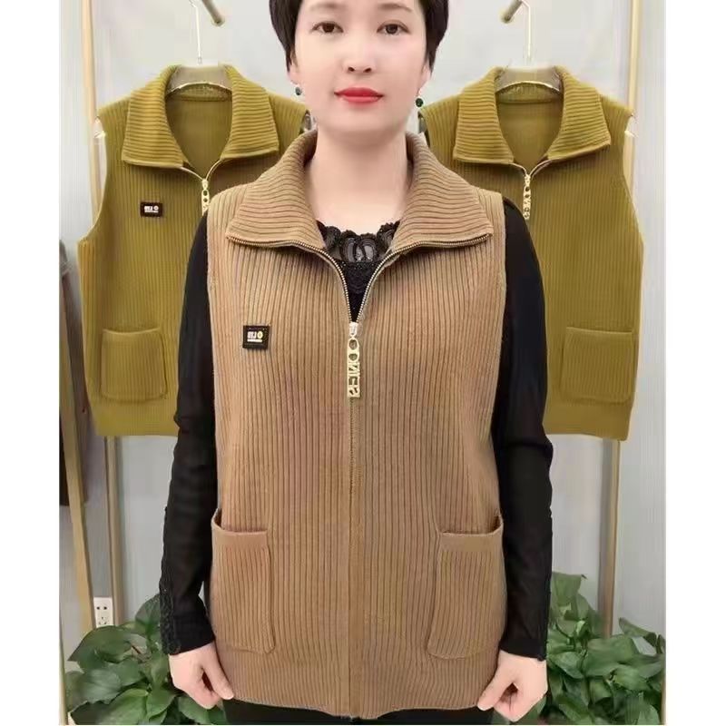 春秋新款马甲女妈妈装中老年宽松大码针织开衫百搭外穿坎肩上衣女