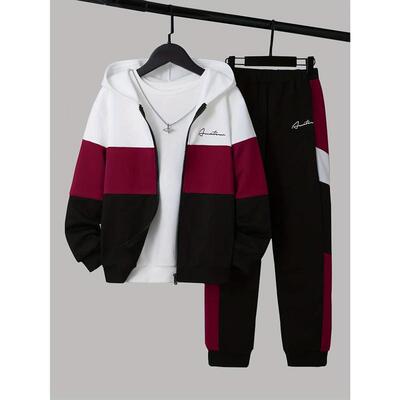 2pcs Tween Boy Letter Colorblock Zip Up Hooded Jacket