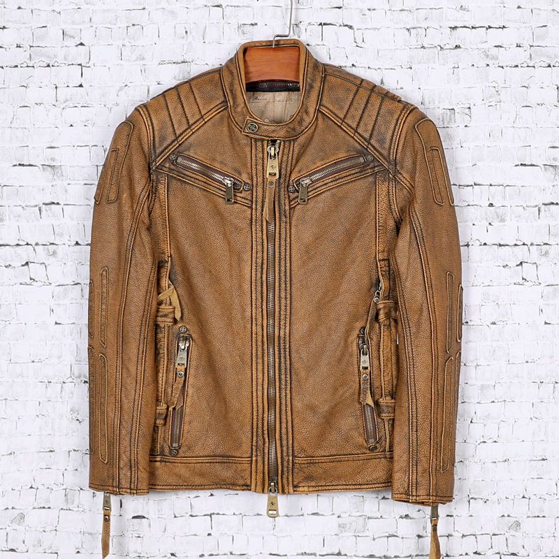 直销新款复古水洗石磨做旧头层牛皮机车服男士真皮皮衣立领皮夹克