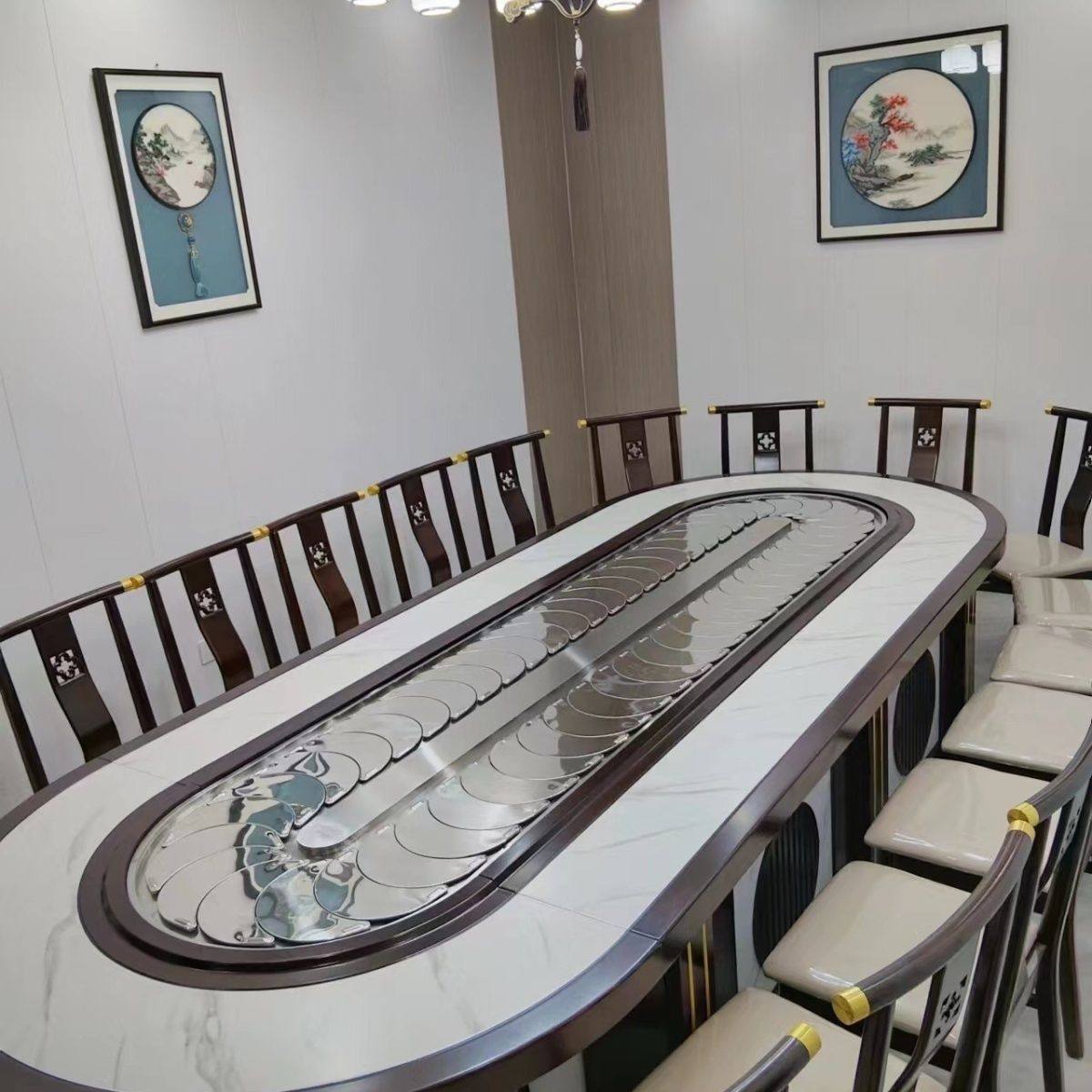 新中式椭圆电动餐桌长方形旋转转盘中餐条形回转电磁炉包厢火锅桌