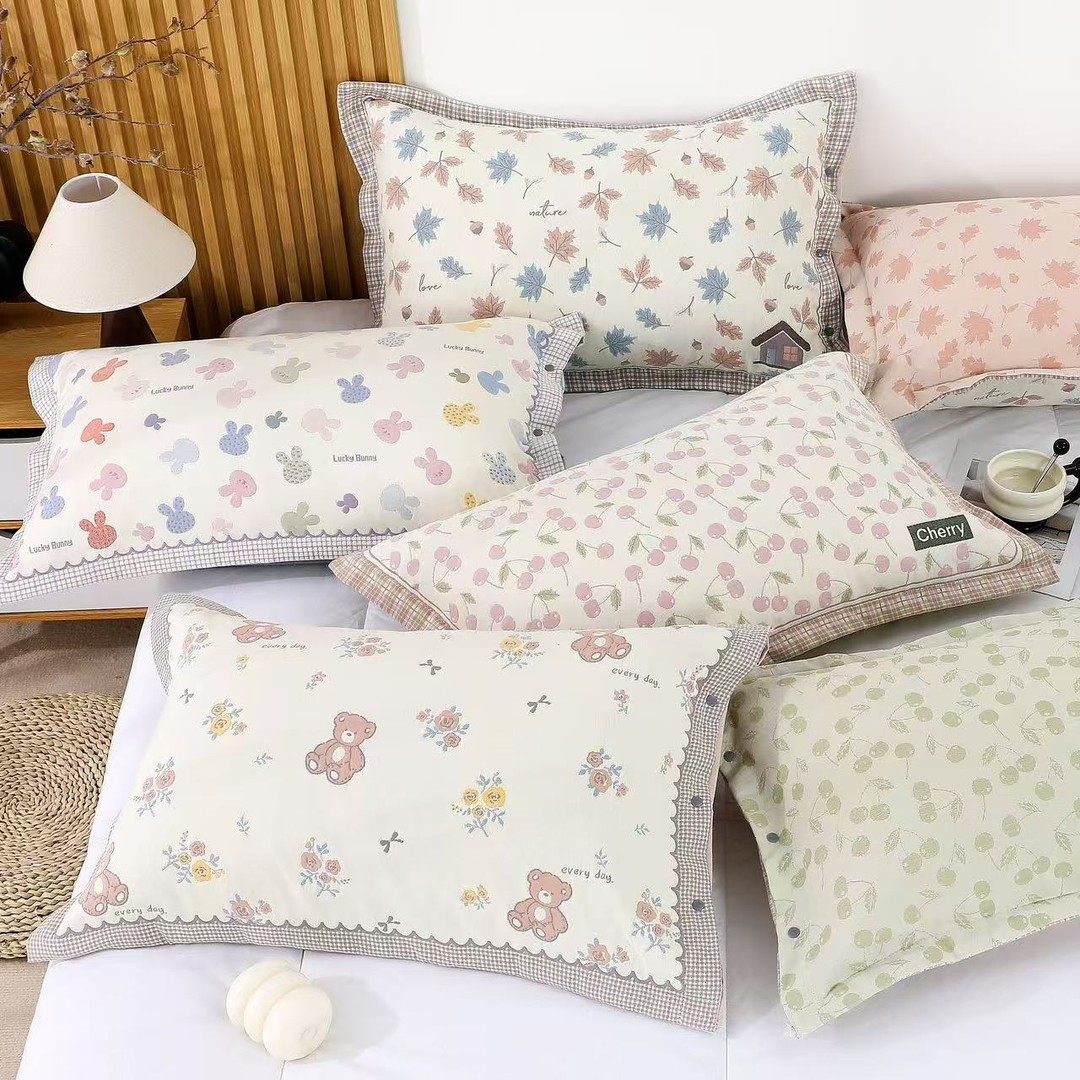 高密纯棉纱布按扣枕套花边一对装全棉枕头套四季通用不脱落枕芯套