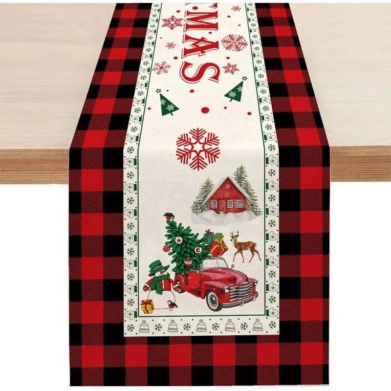 Table Runner Red Truck Merry Christmas Tree Burlap Table De