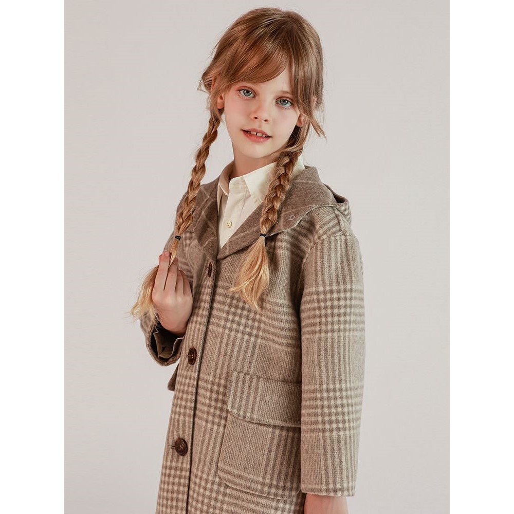 2025新款双面呢大衣格子大衣男童女童中长款毛呢复古外套洋气