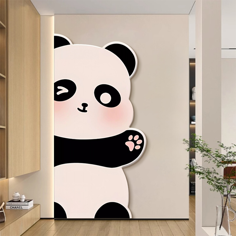 玄关奶油熊猫转角装饰画带灯客厅卧室儿童房挂画走廊卡通男女孩壁