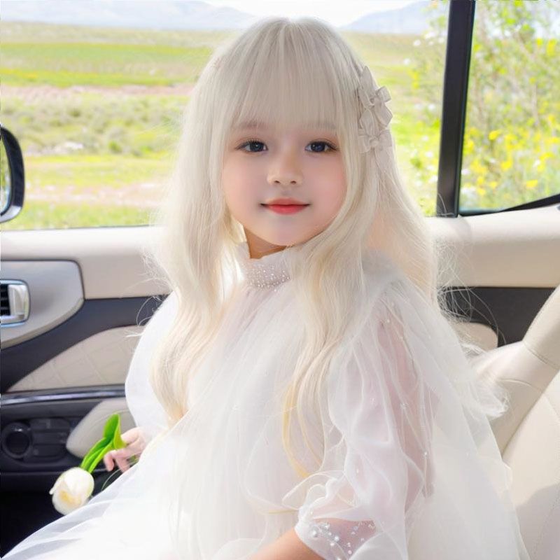 假毛儿童女万用cos艾莎芭比宝宝纯白色长卷发大波浪可爱全头套式