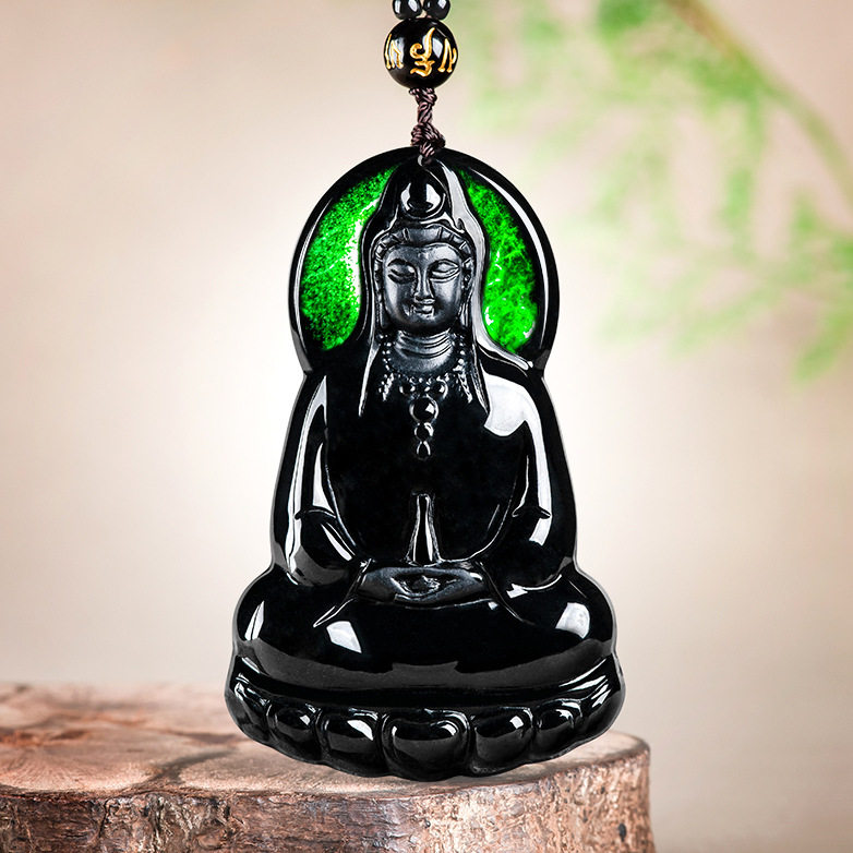 天然墨翠a货翡翠素衣净瓶观音佛像玉石吊坠透绿挂件男士项链女款