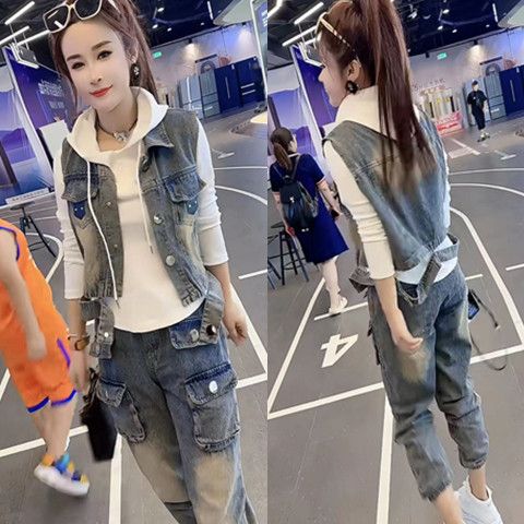 网红爆款牛仔套装女时尚马甲休闲小脚裤洋气宽松遮肉显瘦三件套潮