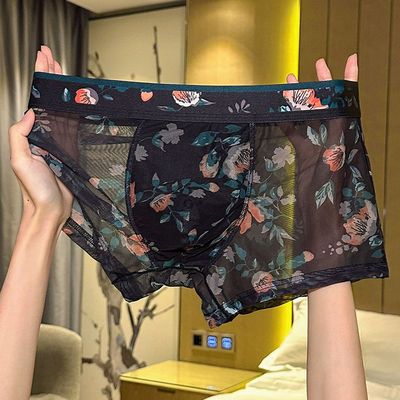 男士内裤冰丝四角薄款透气透明无痕新款高档蕾丝夏季网纱裤头平角