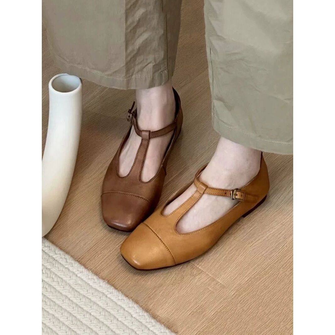 2025新款法式圆头芭蕾鞋真皮T字带平底久站玛丽珍浅口小单鞋皮鞋,女鞋,浅口单鞋,淘宝优惠券,粉丝福利购,淘宝优惠卷