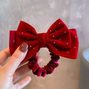 儿童红色新年丝绒蝴蝶结头饰发圈小女孩紮头绳高级感女童过年发饰