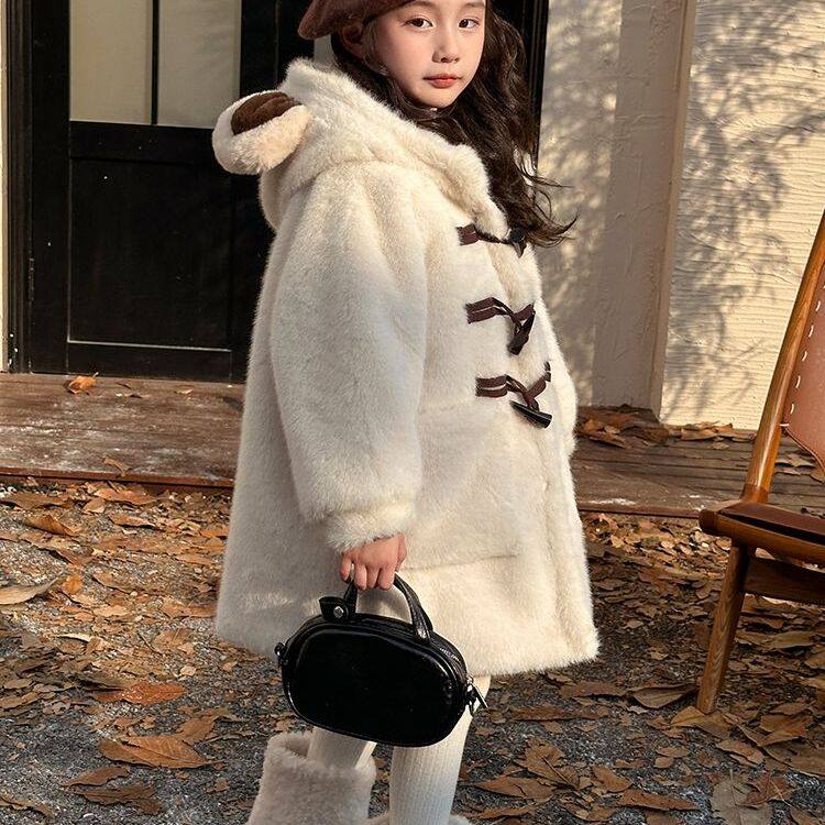 男童女童连帽可爱熊耳朵毛绒中长款大衣加厚外套仿水貂毛儿童棉衣