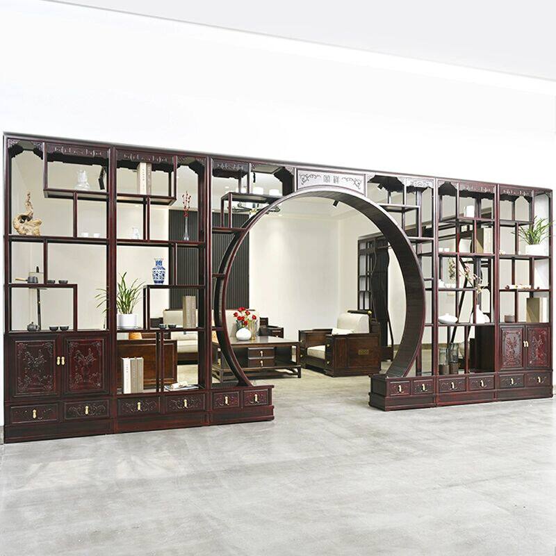 中式客厅门博古架实木可伸缩圆拱月洞门隔断背景墙月亮拱门玄关多