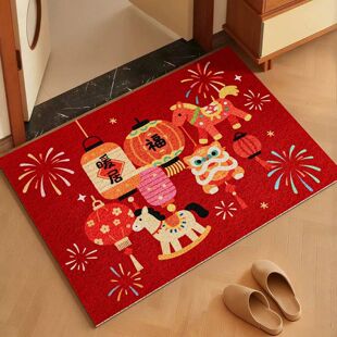 红色喜庆入户门地垫丝圈卡通pvc进门口脚垫子马年2026新款地毯垫