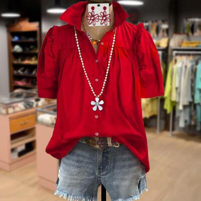 Solid Ruffle Short Sleeve Button Up Blouse Going