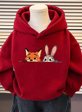 疯狂动物城尼克朱迪卡通红色卫衣男女童可爱洋气加绒连帽卫衣上衣
