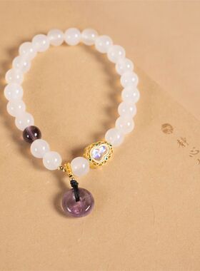 新中式轻奢紫水晶白玛瑙串珠手链女平安扣手环饰品